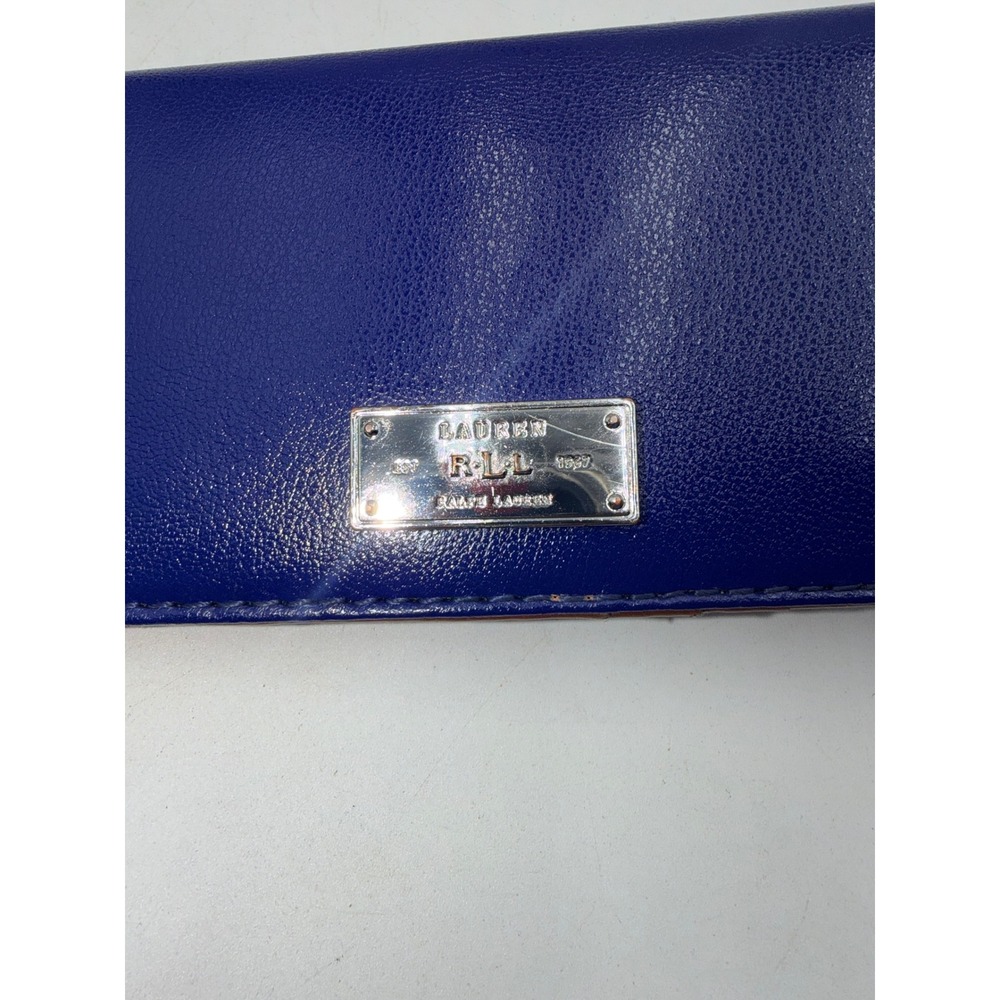 Lauren Ralph Lauren Blue Leather Slim Bifold Wallet Cognac Interior Silver Logo - Picture 3 of 10